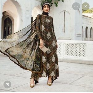 Maria b INSPIRED brown Long Sleeve Embroidered kaftan Dress